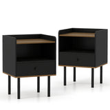 Nightstand with Drawer 3-Tier Sofa Side Table with Open Storage Shelf Set of 2-Black