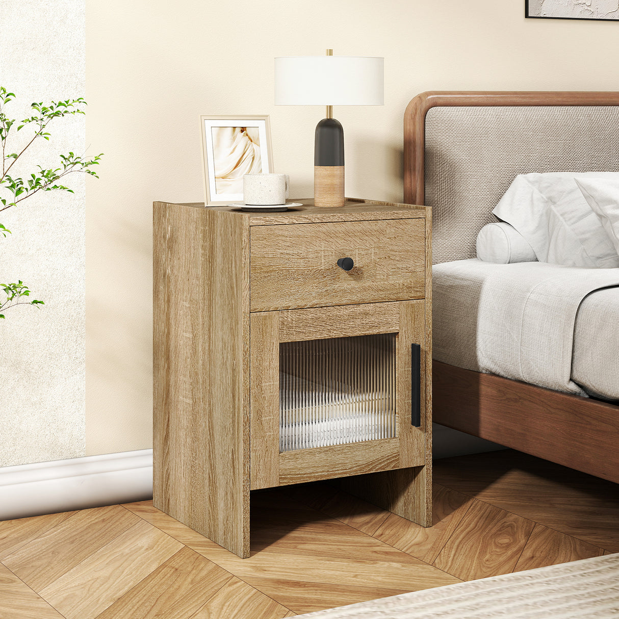 Nightstand with Drawer and Cabinet-Antique Brush White