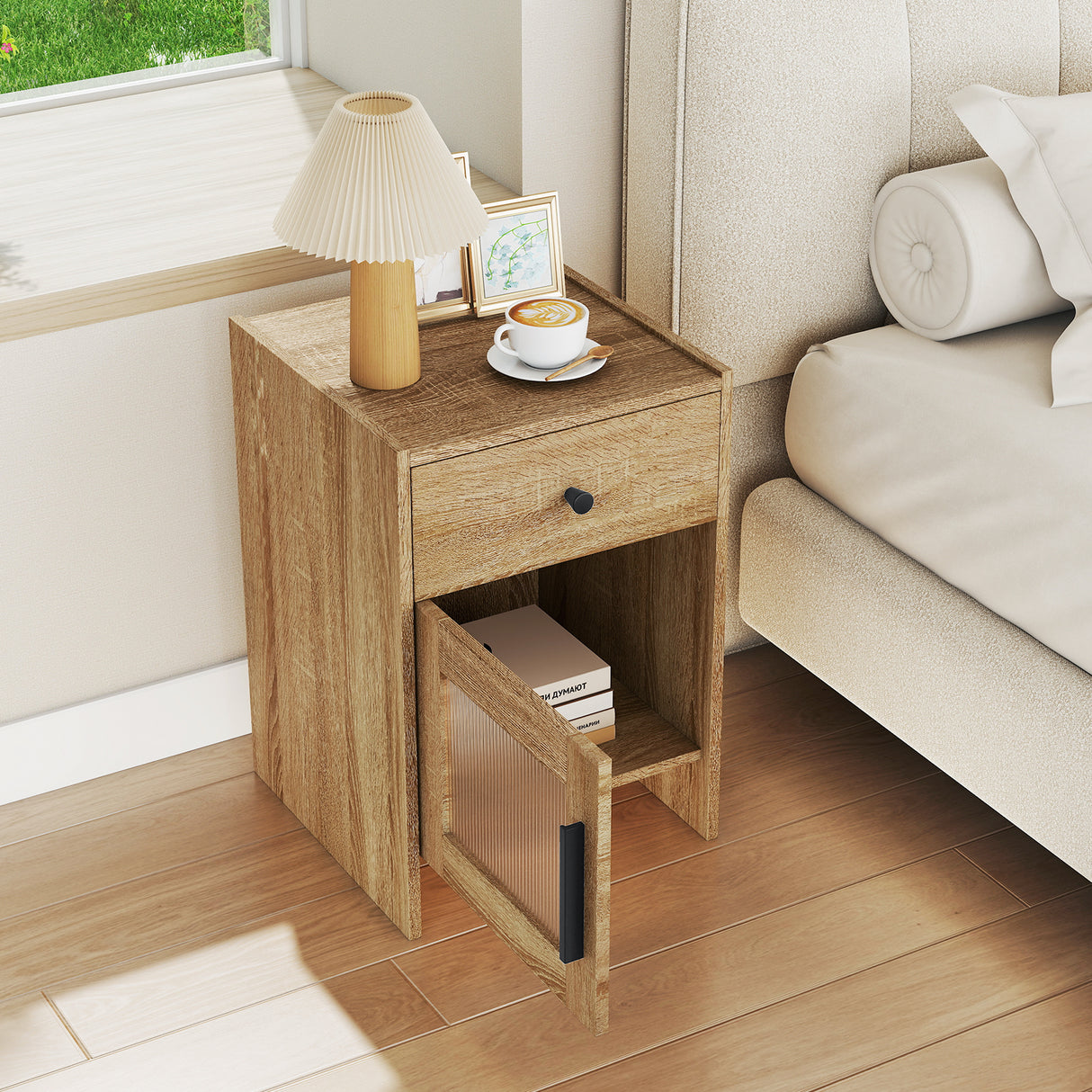 Nightstand with Drawer and Cabinet-Antique Brush White