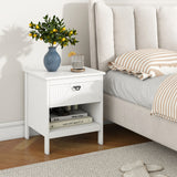 2-tier Wood Nightstand with Drawer and Open Storage Shelf for Bedroom-White