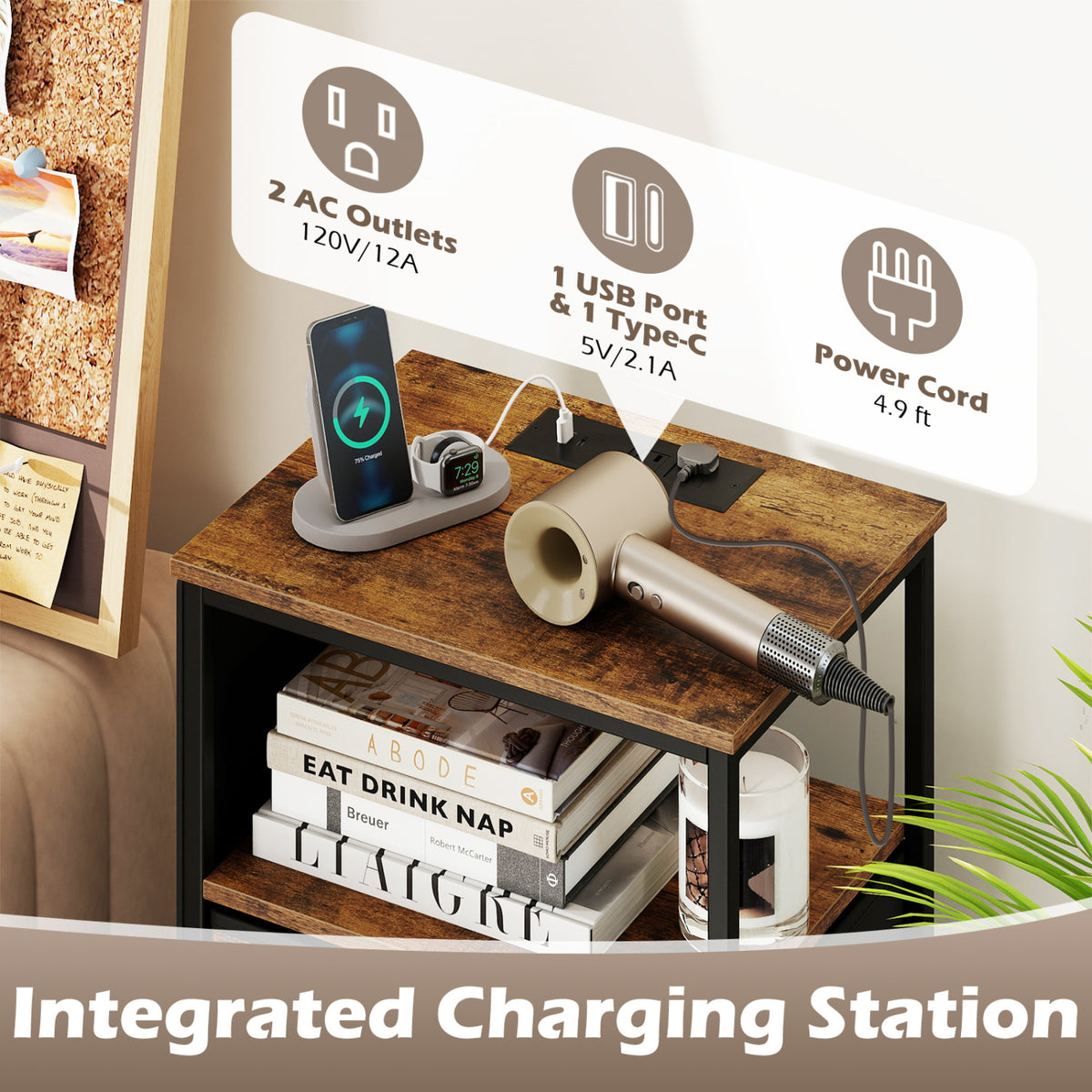 Nightstand with Integrated Charging Station 39 Inches Modern Bedside Table