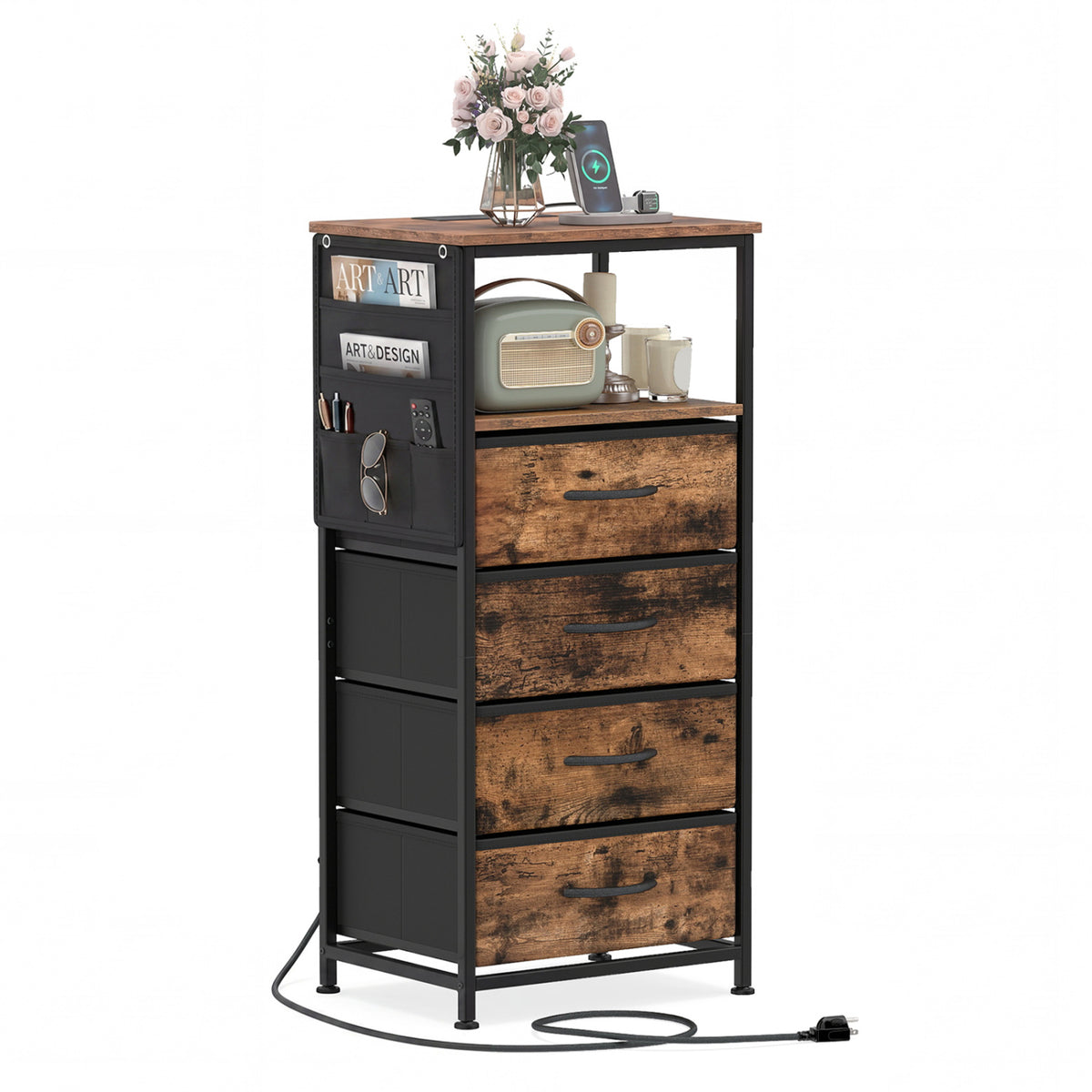 Nightstand with Integrated Charging Station 34" Modern Bedside Table