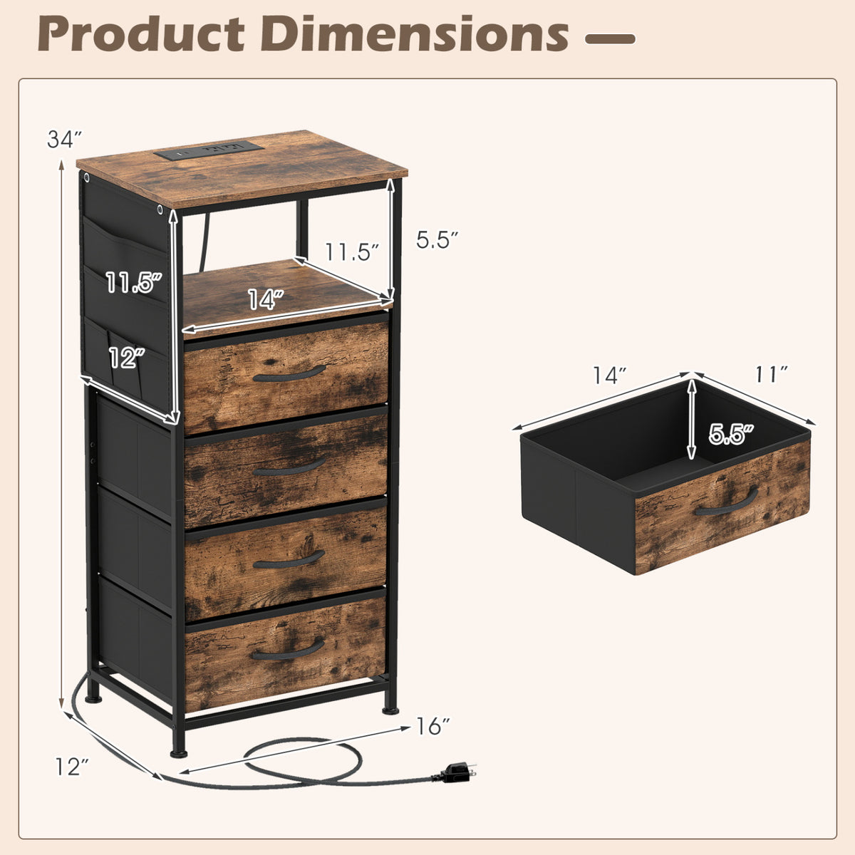 Nightstand with Integrated Charging Station 34" Modern Bedside Table