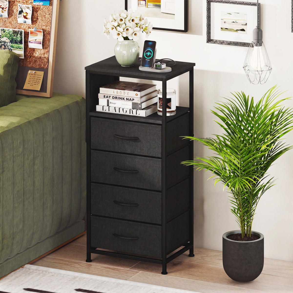 Nightstand with Integrated Charging Station 34" Modern Bedside Table