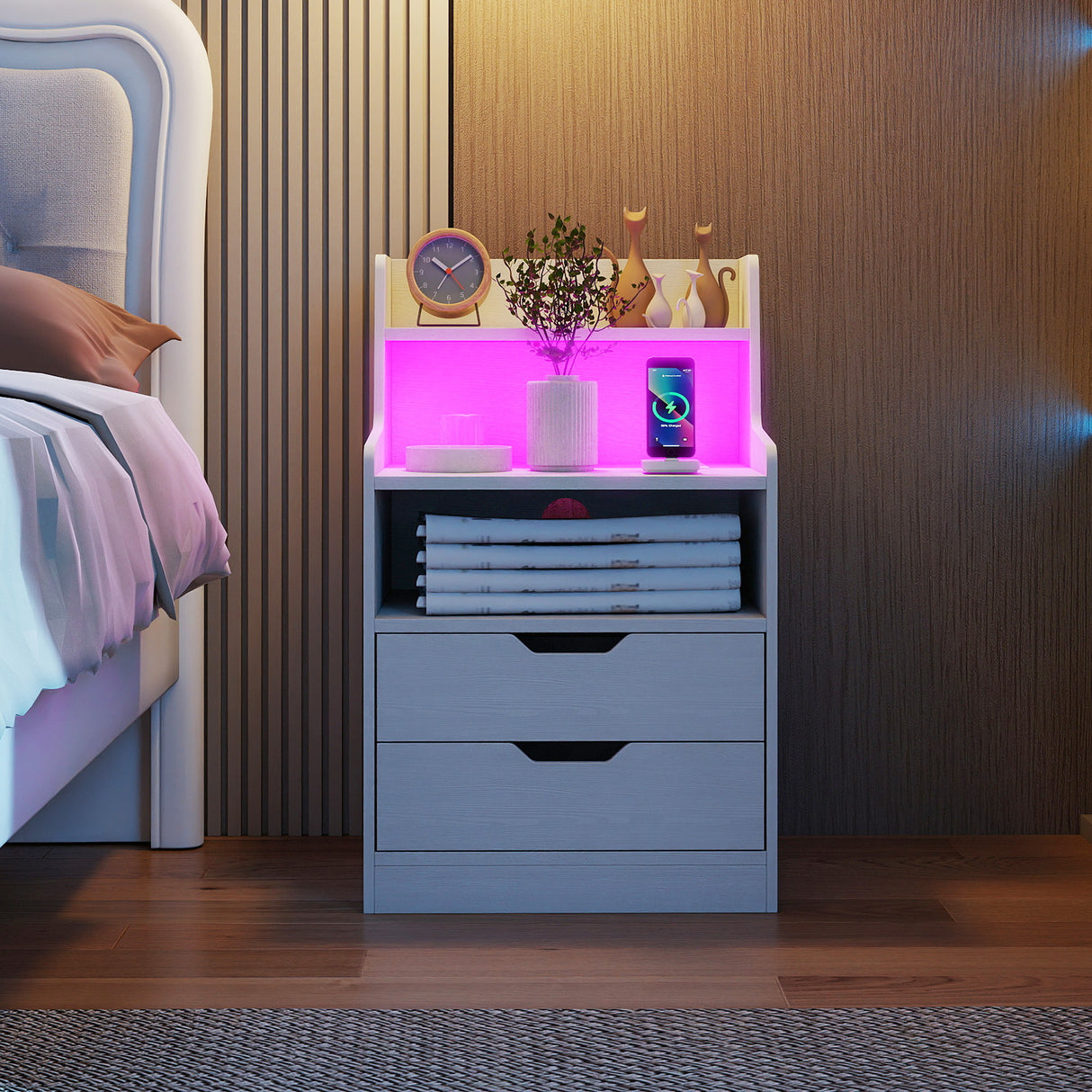 Nightstand with LED Light and Charging Station for Living Room Bedroom-White