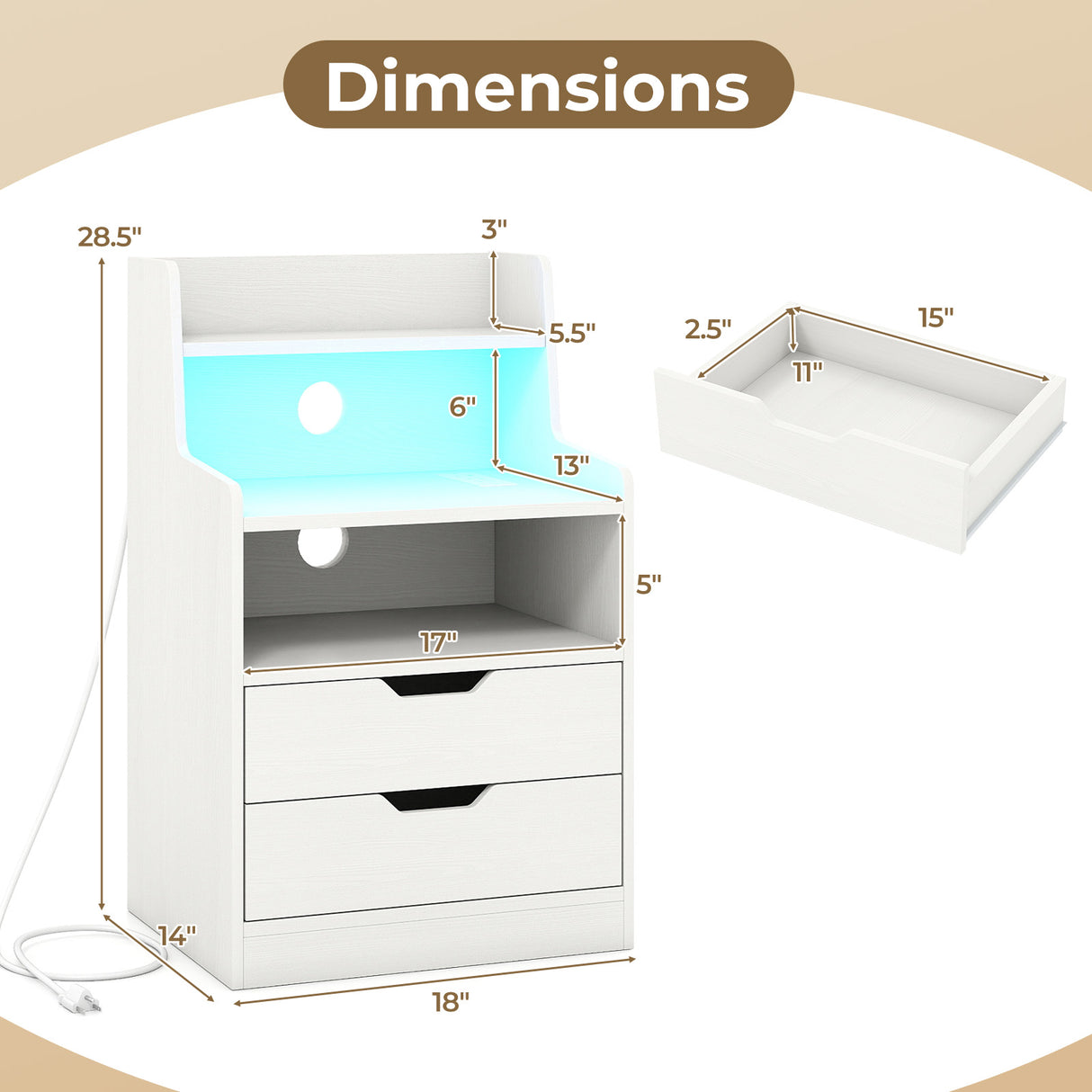 Nightstand with LED Light and Charging Station for Living Room Bedroom-White