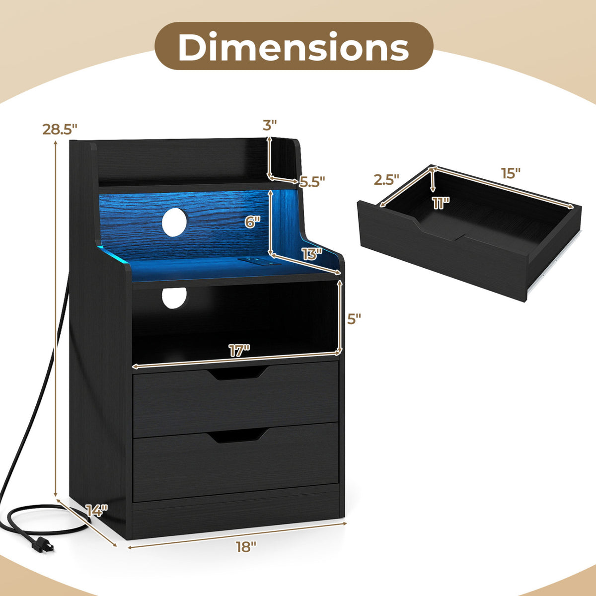 Nightstand with LED Light and Charging Station for Living Room Bedroom