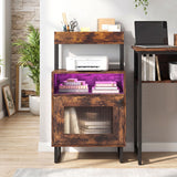 Nightstand with LED Lights Modern End Table with Top Tray Open Compartment and Storage Cabinet