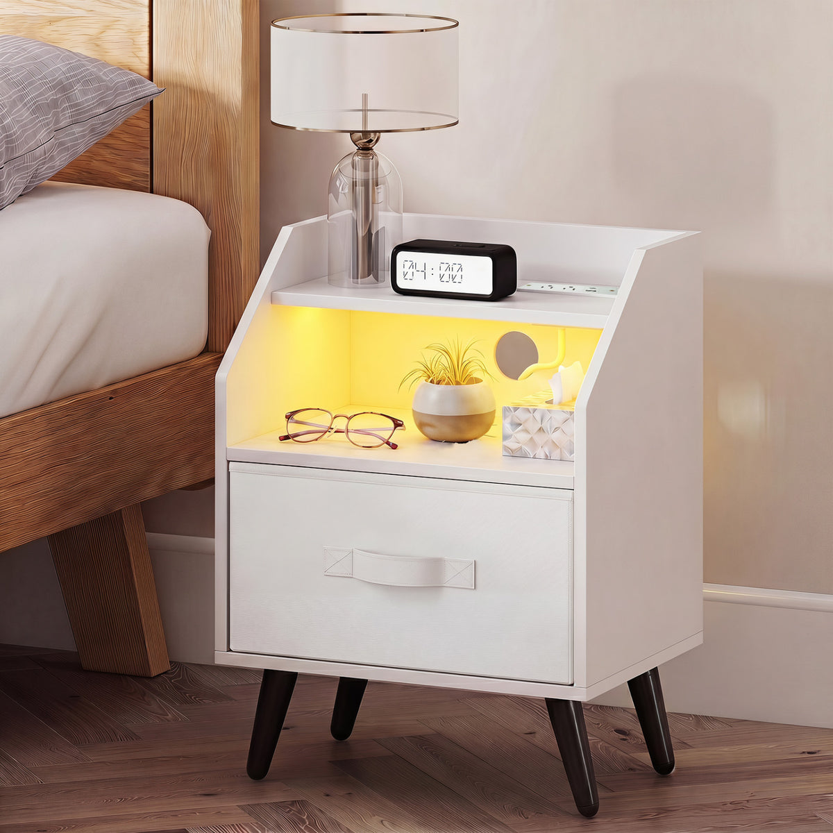 Nightstand with Power Outlets and Open Storage Shelf