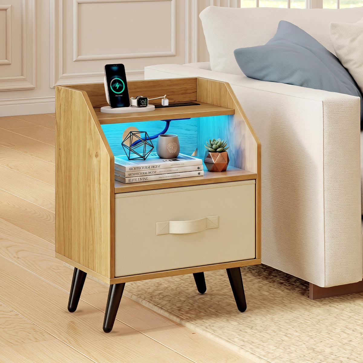 Nightstand with Power Outlets and Open Storage Shelf