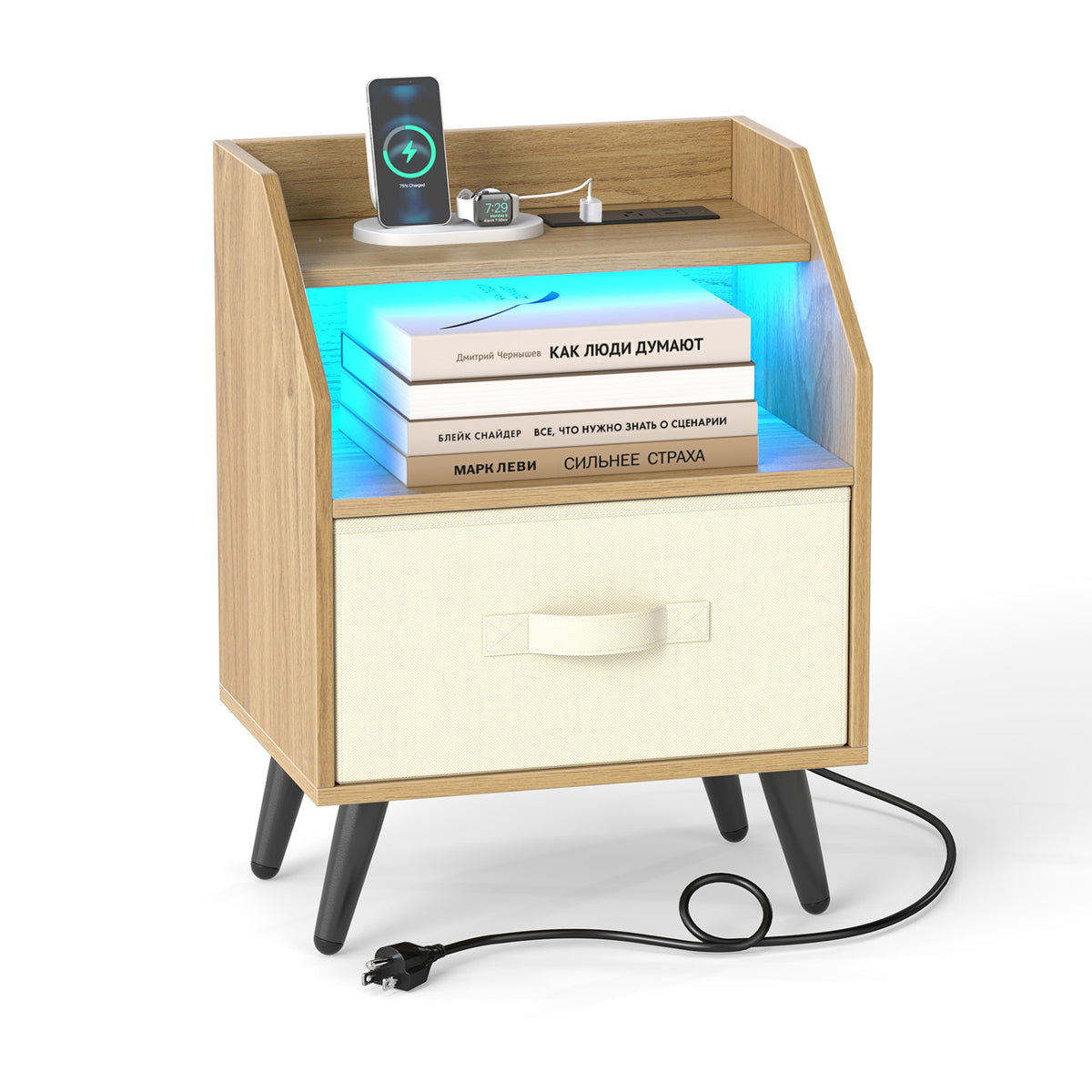 Nightstand with Power Outlets and Open Storage Shelf