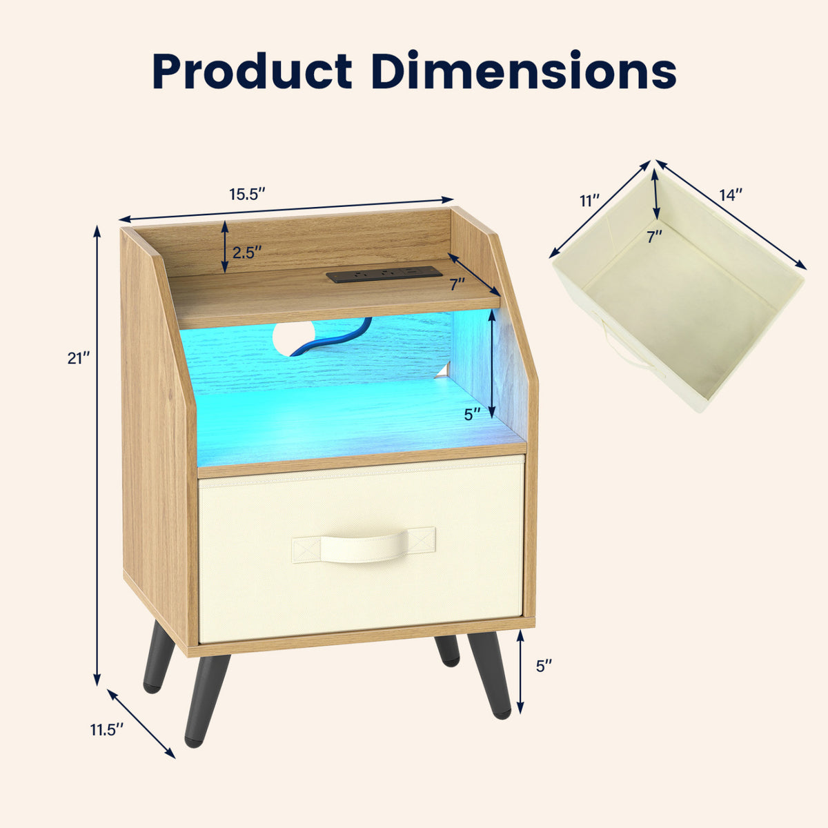 Nightstand with Power Outlets and Open Storage Shelf