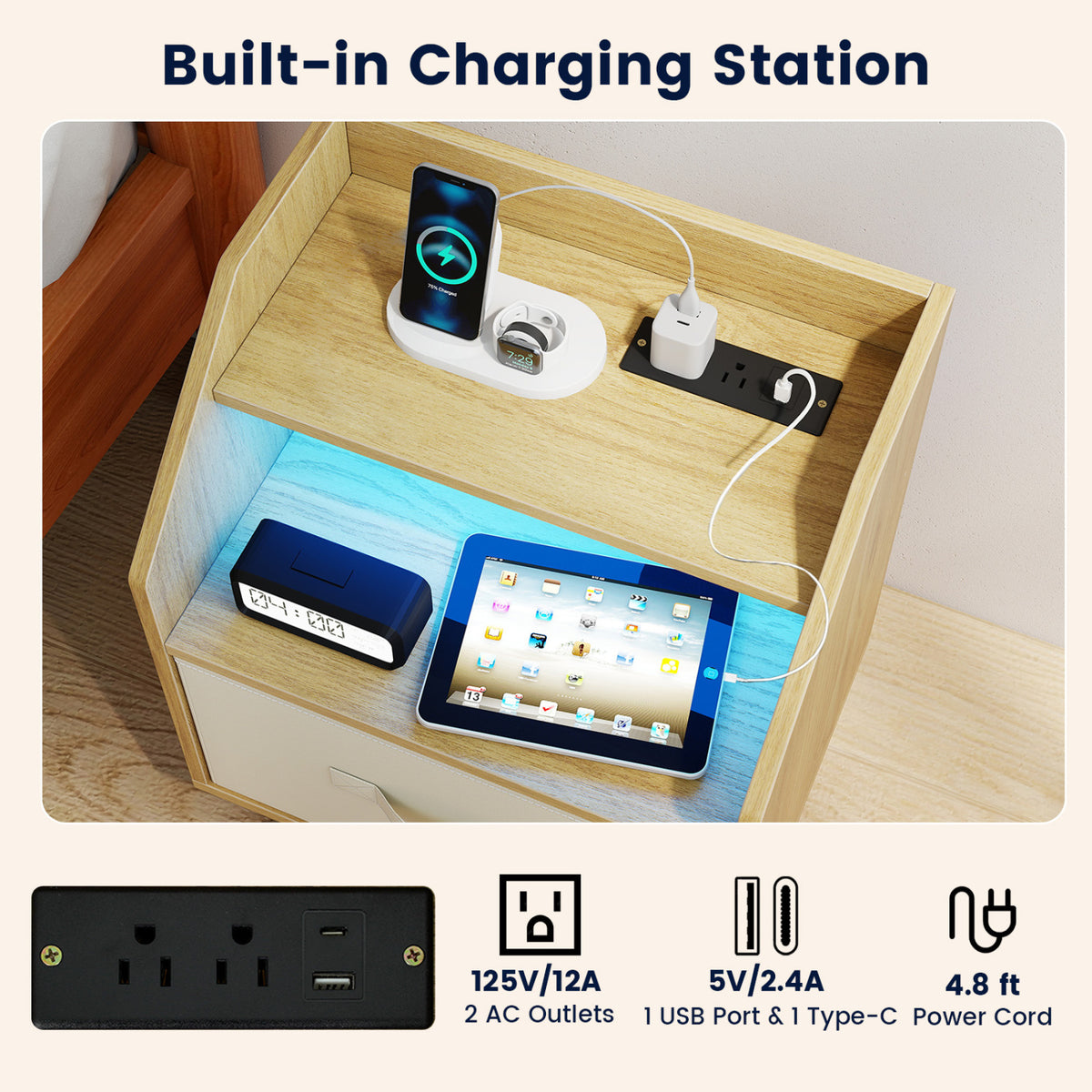 Nightstand with Power Outlets and Open Storage Shelf