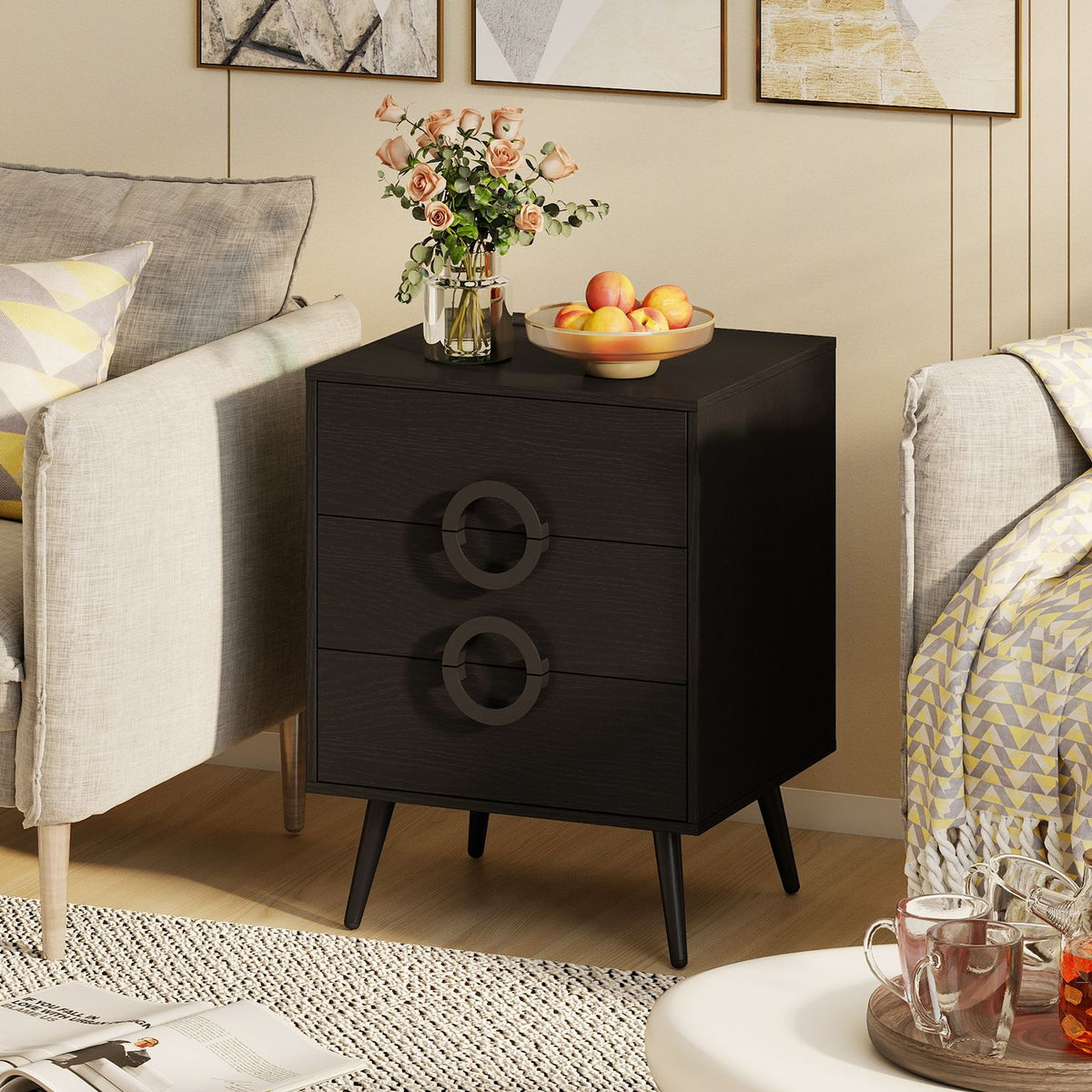 Nightstand with Power Outlets and 3 Drawers Modern Bedside Table with Cable Hole