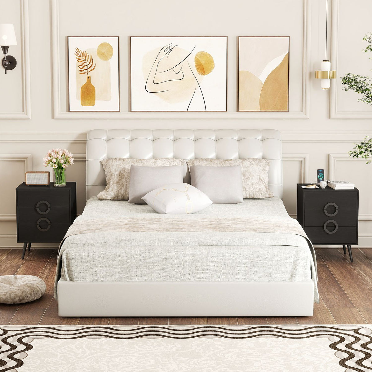 Nightstand with Power Outlets and 3 Drawers Modern Bedside Table with Cable Hole