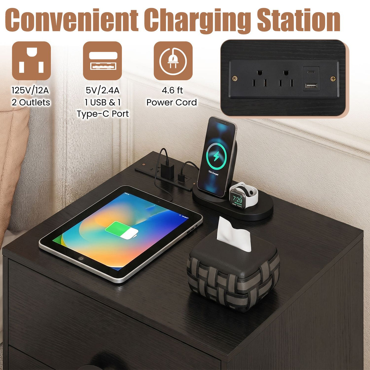 Nightstand with Power Outlets and 3 Drawers Modern Bedside Table with Cable Hole