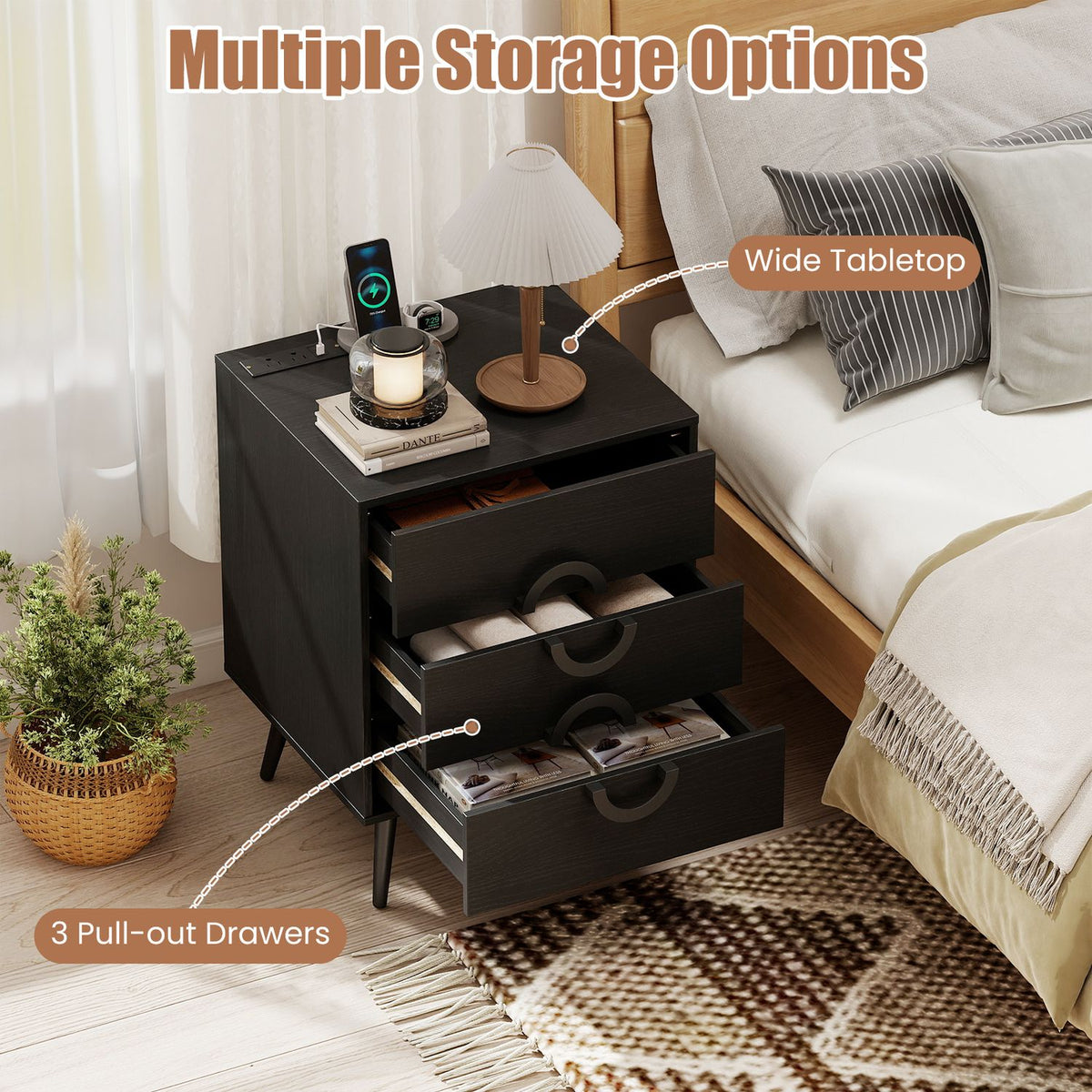 Nightstand with Power Outlets and 3 Drawers Modern Bedside Table with Cable Hole