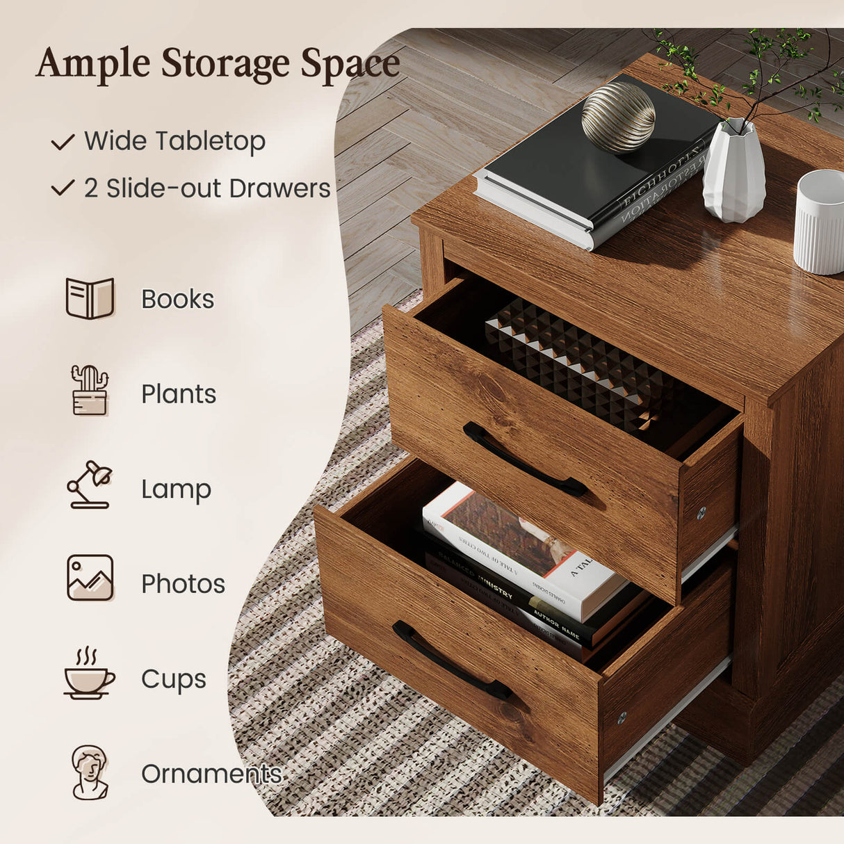 Wood Compact Floor Nightstand with Storage Drawers