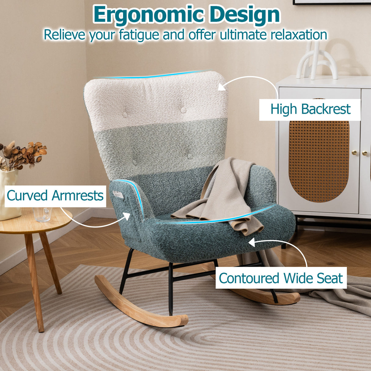 Nursery Rocking Chair with Ergonomic Armrests and High Backrest
