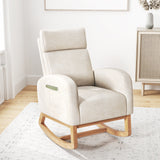 Nursery Rocking Chair Upholstered Chenille Rocker Armchair with Natural Rubber Wood Frame-Beige