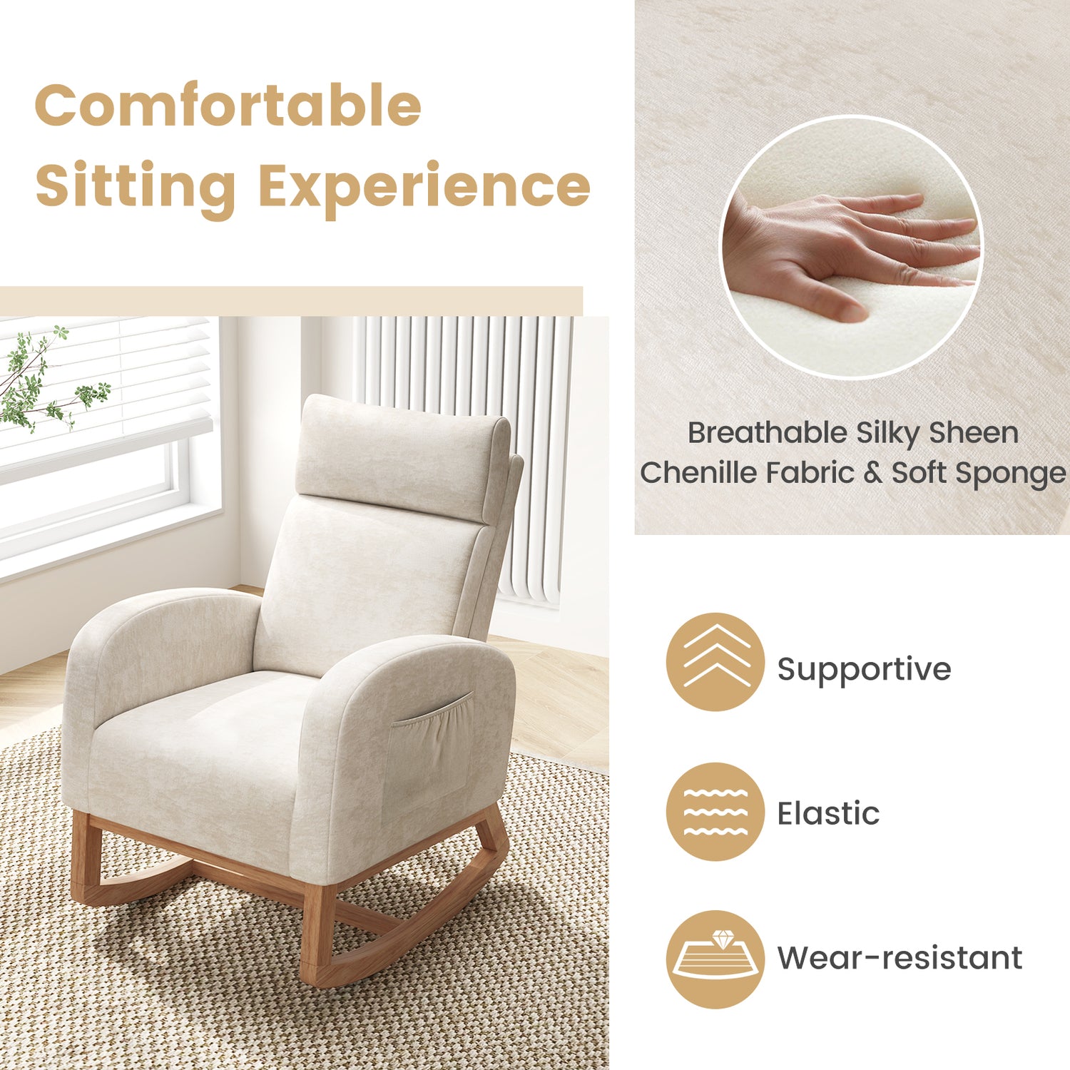 Nursery Rocking Chair Upholstered Chenille Rocker Armchair with Natural Rubber Wood Frame-Beige