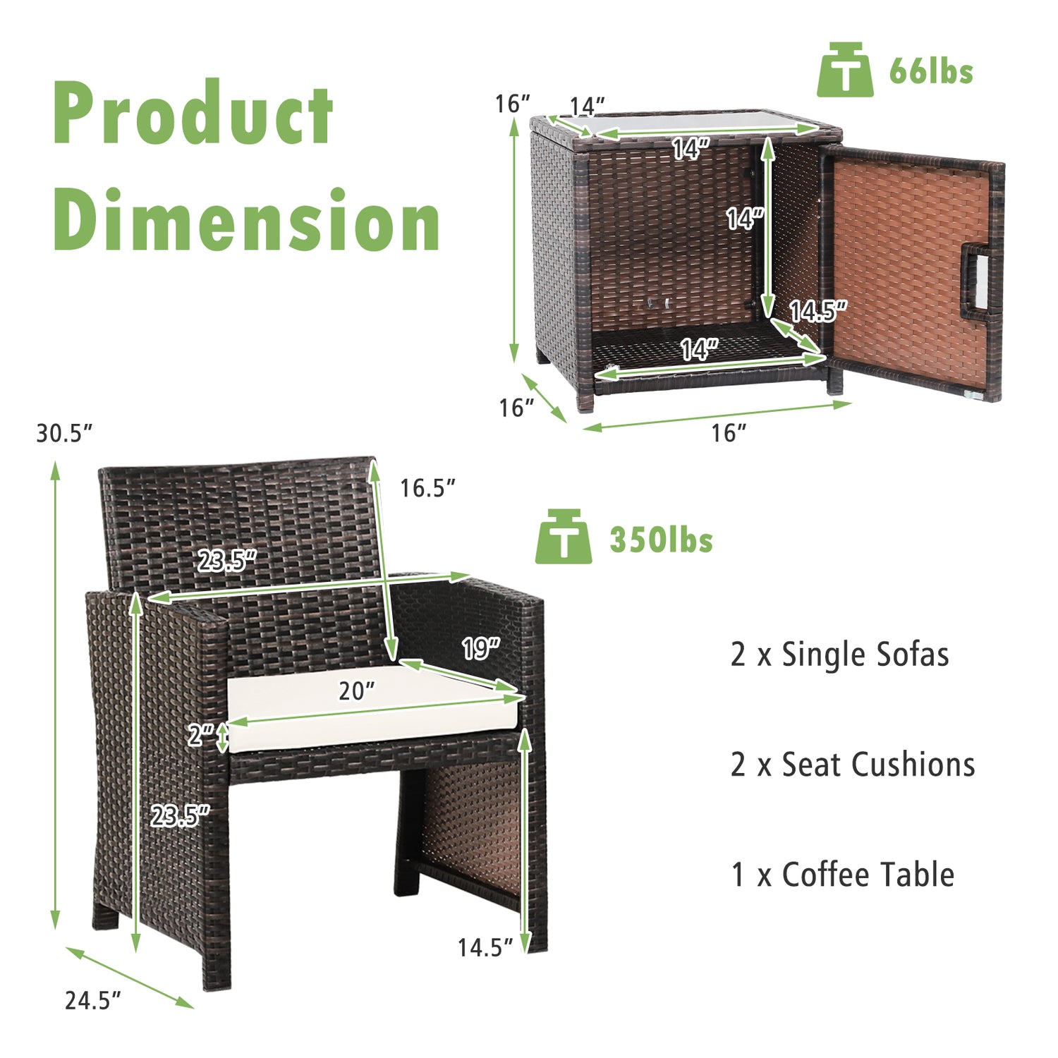 3 Pieces Patio Wicker Furniture Set with Storage Table and Protective Cover-Off White