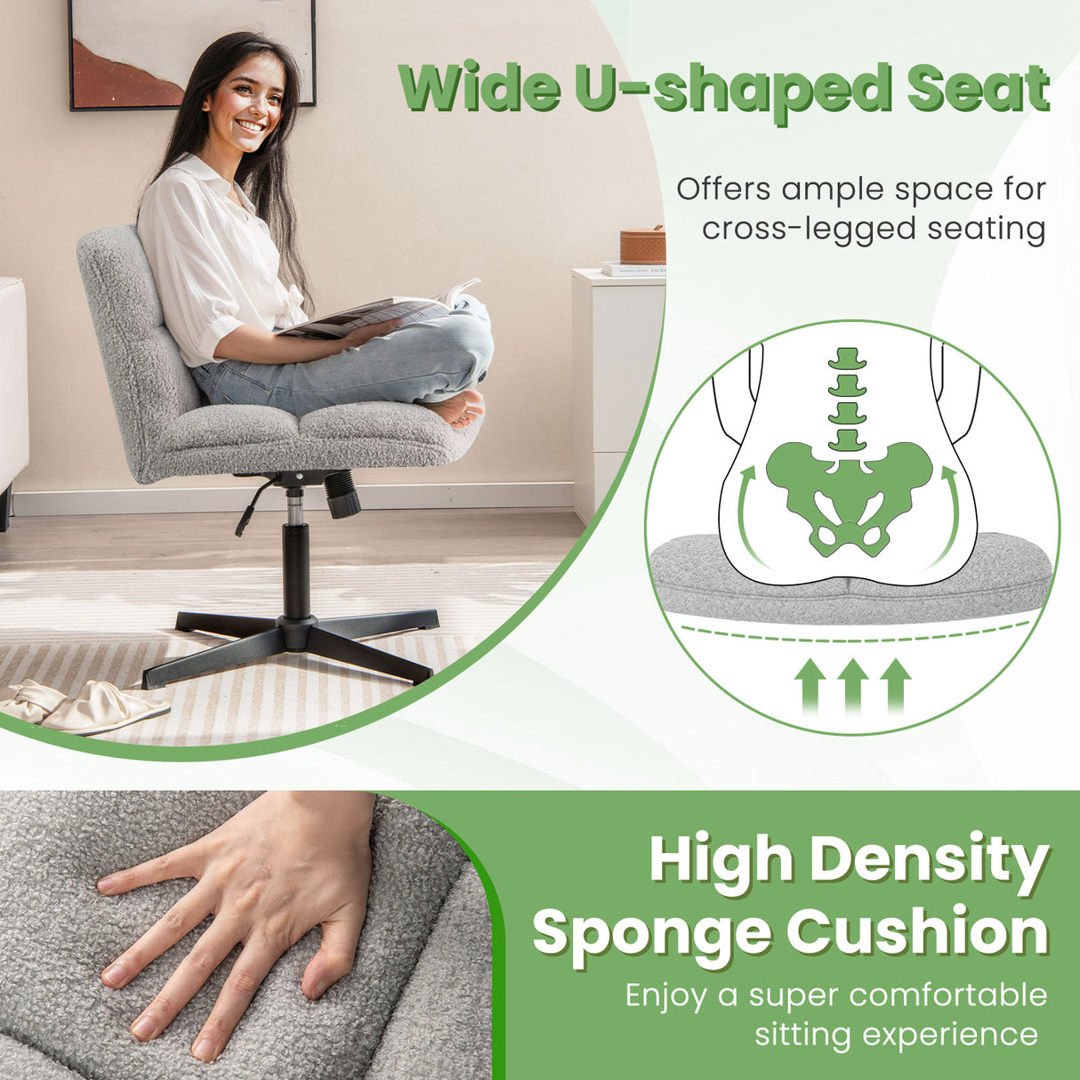 Office Armless Chair Cross Legged with Imitation Lamb Fleece and Adjustable Height