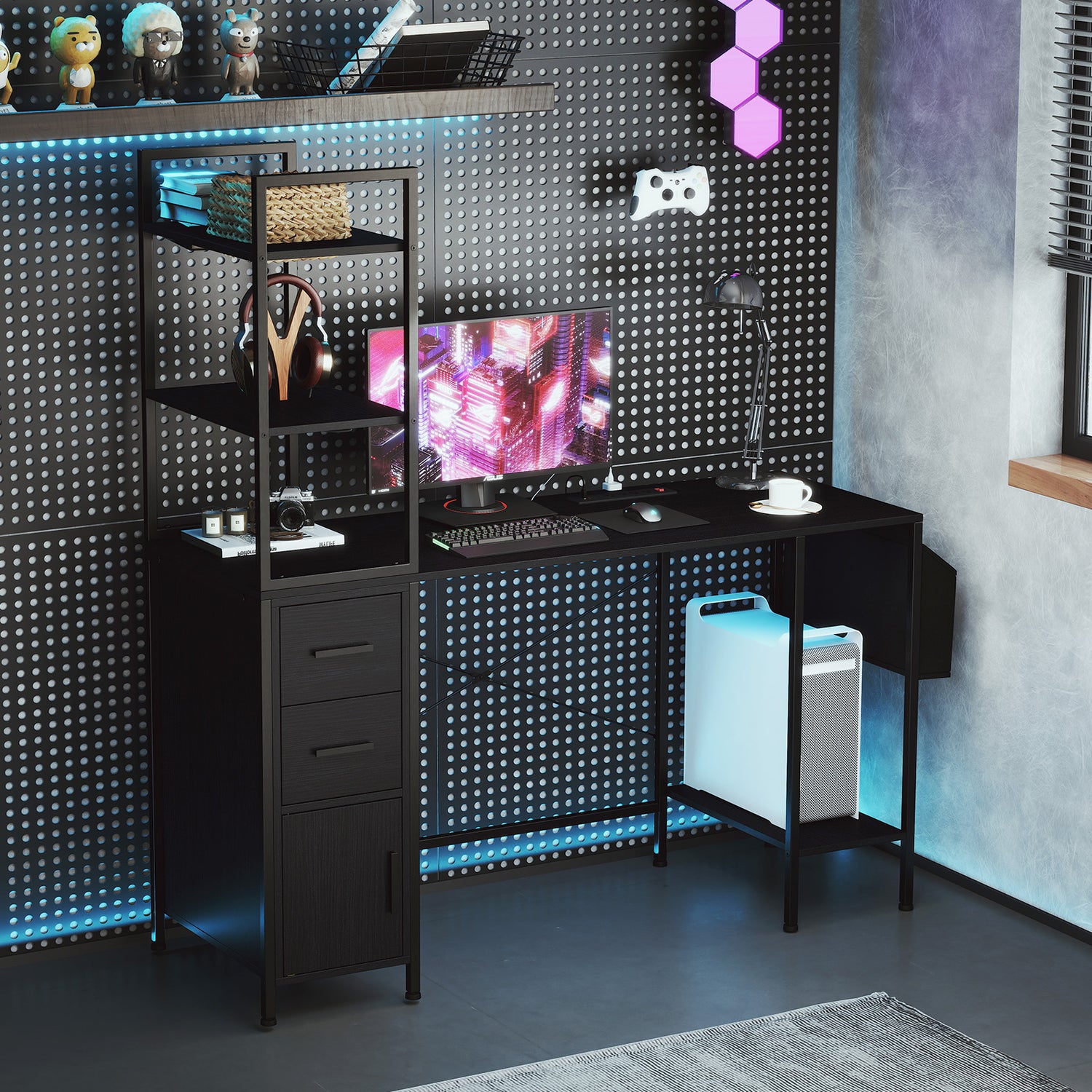 Office Desk with LED Lights and Power Outlets Computer Desk with Open Shelves-Black