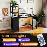 Office Desk with LED Lights and Power Outlets Computer Desk with Open Shelves-Black