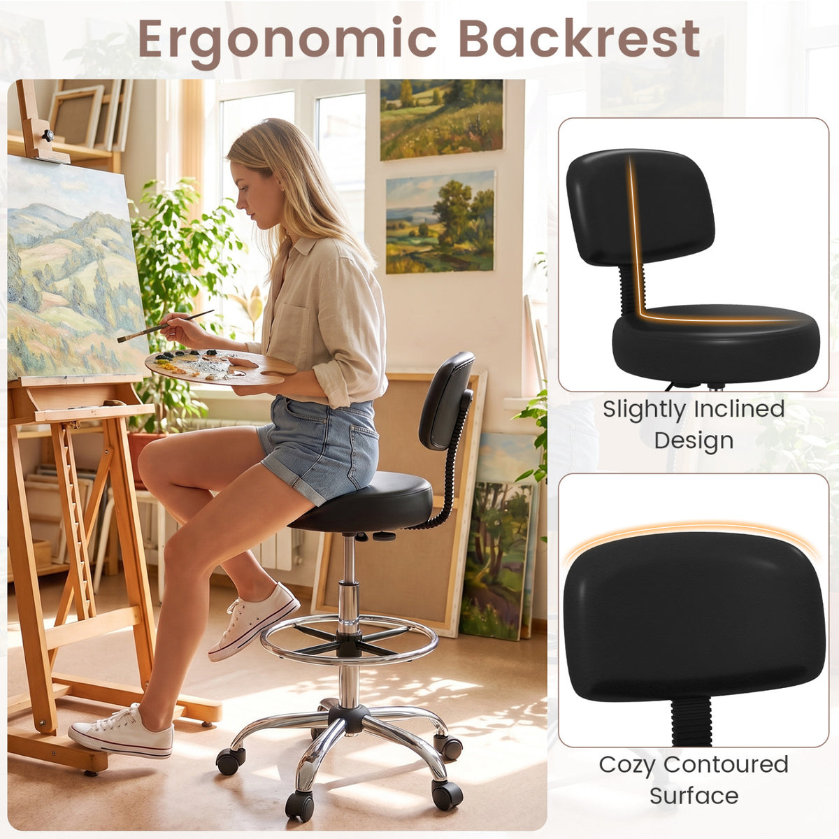 Office Drafting Chair with Back & Adjustable Footring and Wheels for Desk