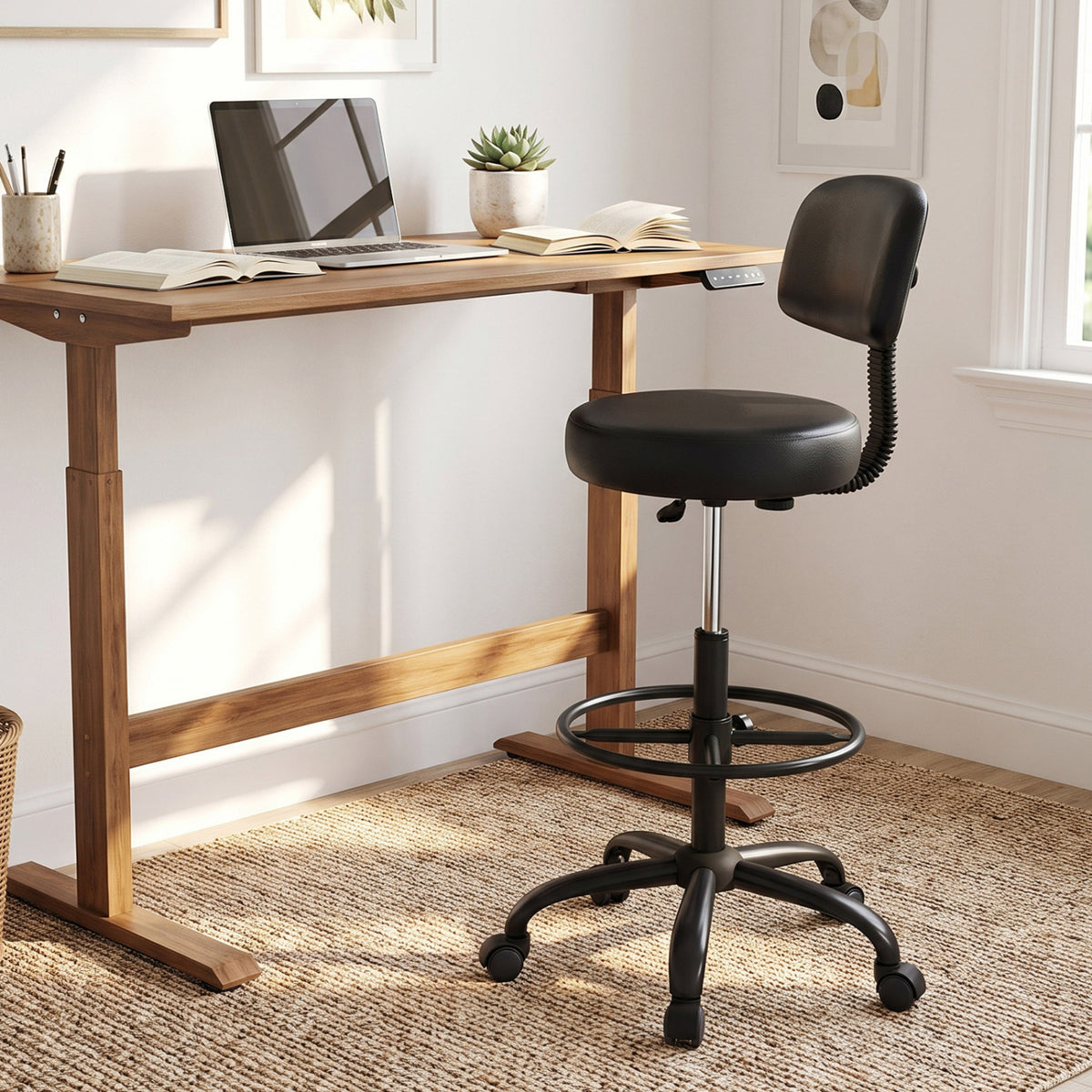 Office Drafting Chair with Back & Adjustable Footring and Wheels for Desk
