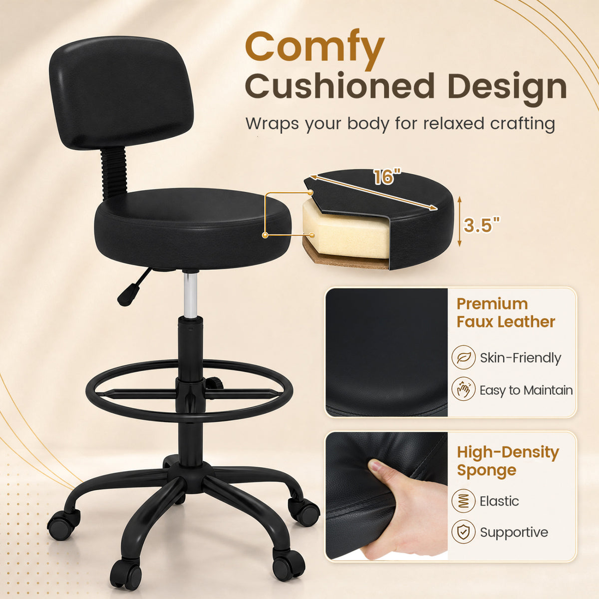Office Drafting Chair with Back & Adjustable Footring and Wheels for Desk