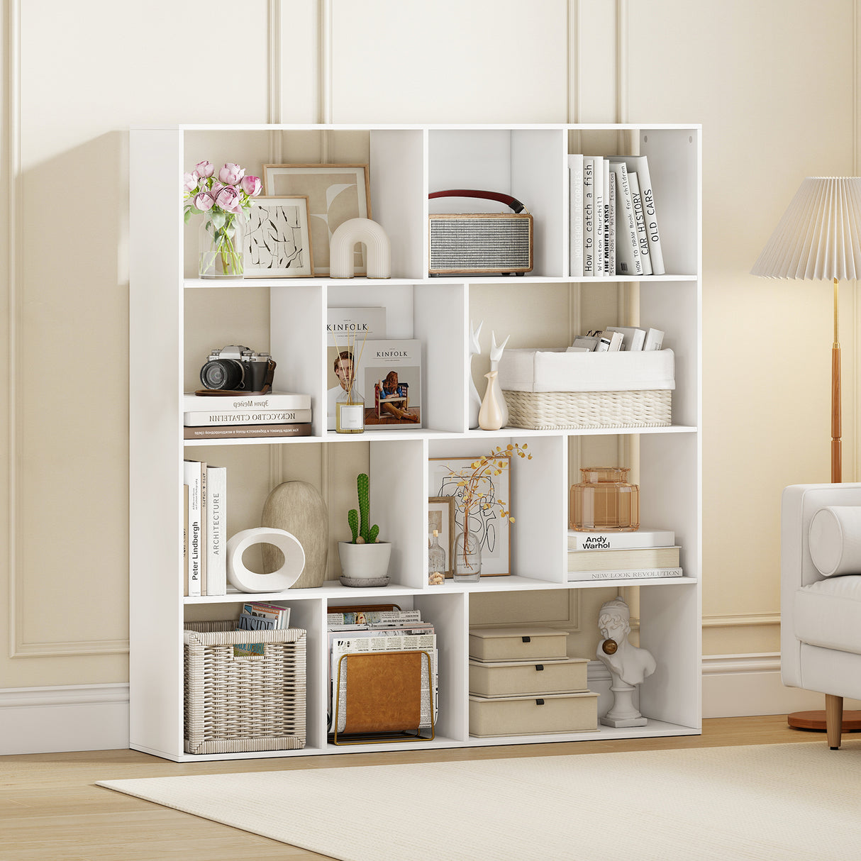 Open Shelf Bookcase 4-Tier Modern Bookshelf with 12 Storage Compartments-White