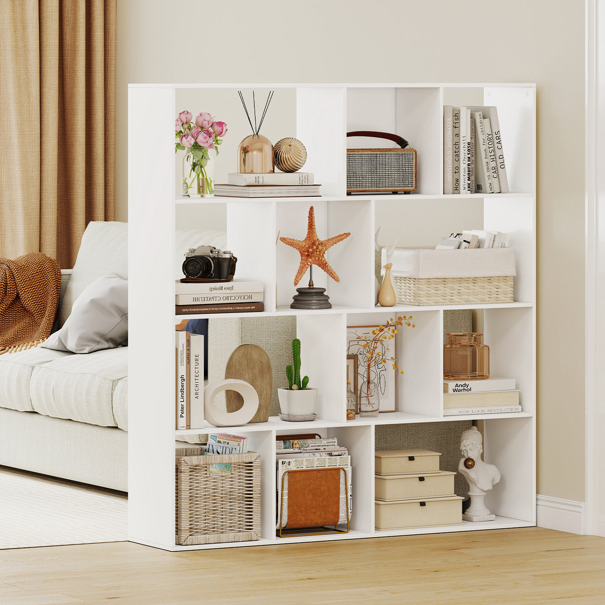 Open Shelf Bookcase 4-Tier Modern Bookshelf with 12 Storage Compartments-White