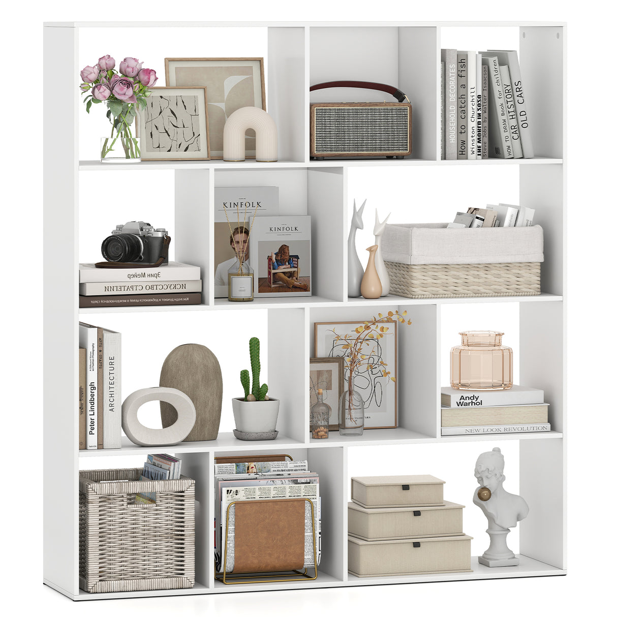 Open Shelf Bookcase 4-Tier Modern Bookshelf with 12 Storage Compartments-White