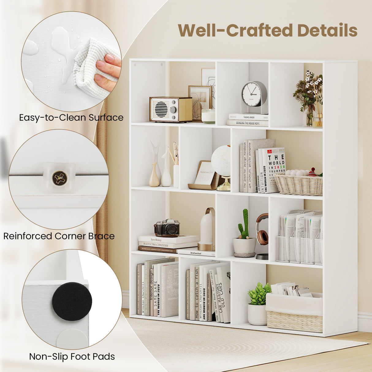 Open Shelf Bookcase 4-Tier Modern Bookshelf with 12 Storage Compartments-White