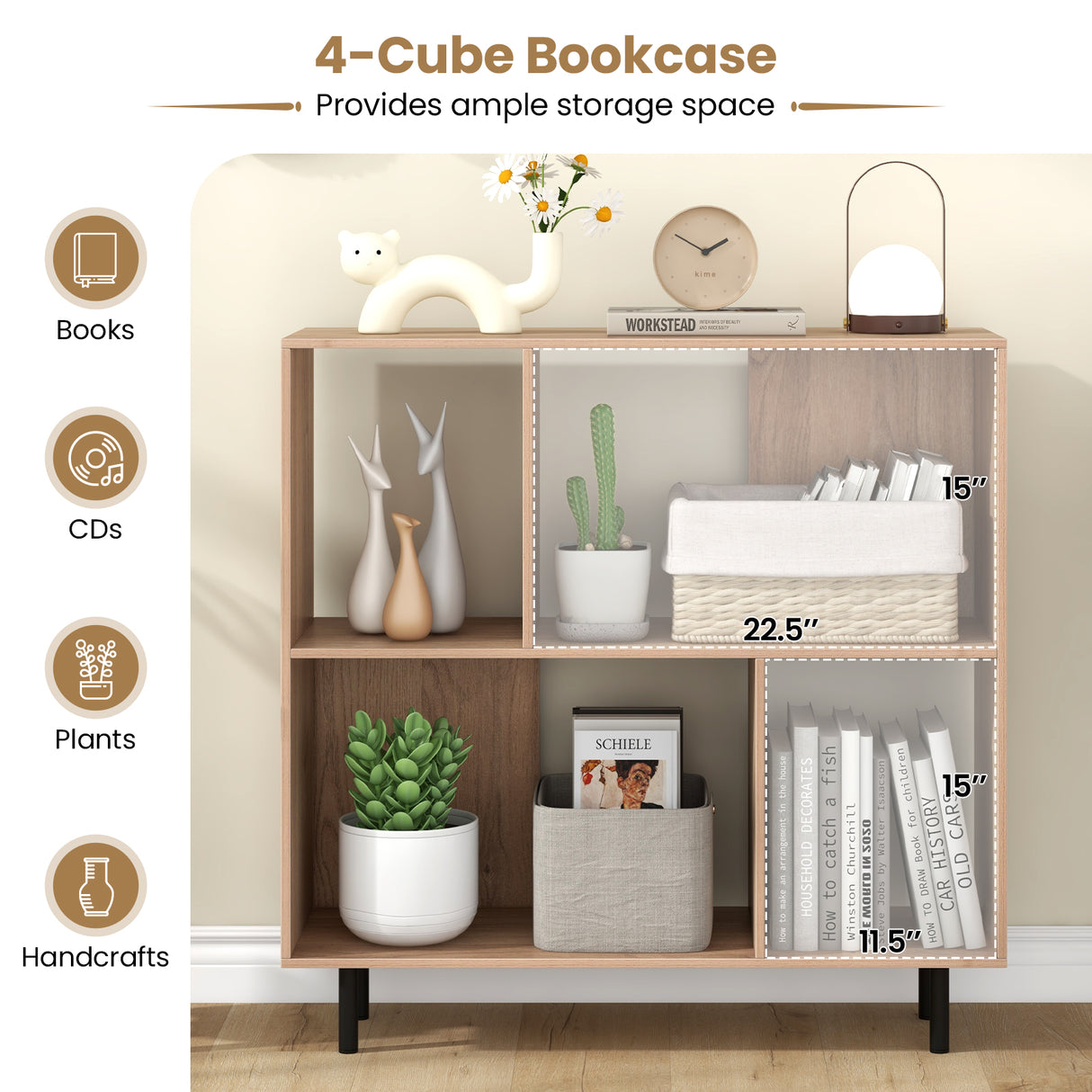 Open Shelf Bookcase with 4 Compartments