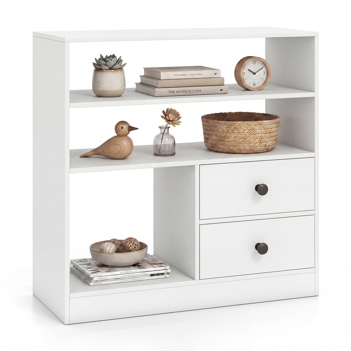 Open Storage Cabinet with 3 Open Compartments and 2 Drawer