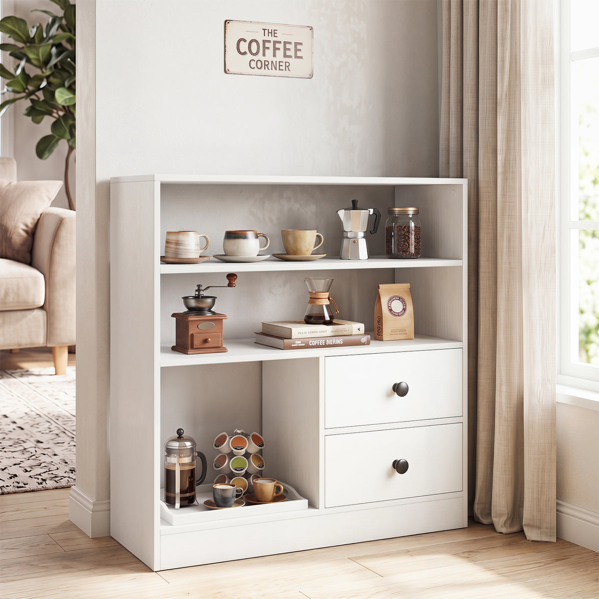 Open Storage Cabinet with 3 Open Compartments and 2 Drawer