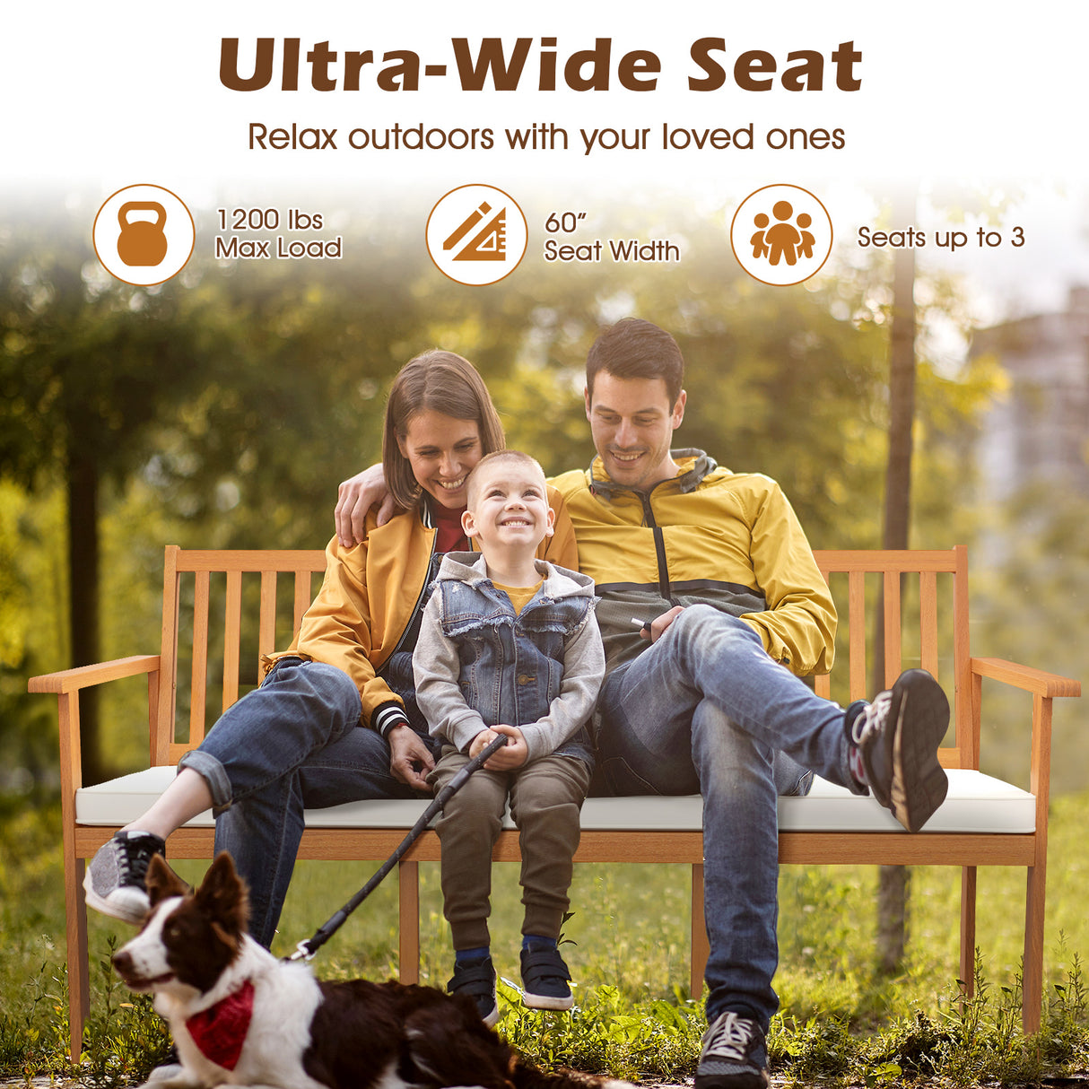 Outdoor 3-Seat Wood Bench with Seat Cushion and Slatted Seat-White