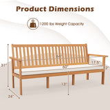 Outdoor 3-Seat Wood Bench with Seat Cushion and Slatted Seat-White