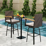 Outdoor 360Â° Swivel Bar Stool with Cushion and Acacia Wood Armrests-F