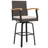 Outdoor 360Â° Swivel Bar Stool with Cushion and Acacia Wood Armrests-F