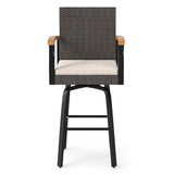 Outdoor 360Â° Swivel Bar Stool with Cushion and Acacia Wood Armrests-F