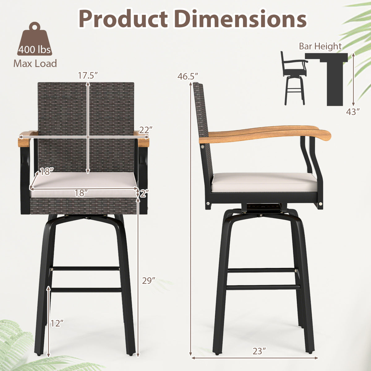 Outdoor 360Â° Swivel Bar Stool with Cushion and Acacia Wood Armrests-F