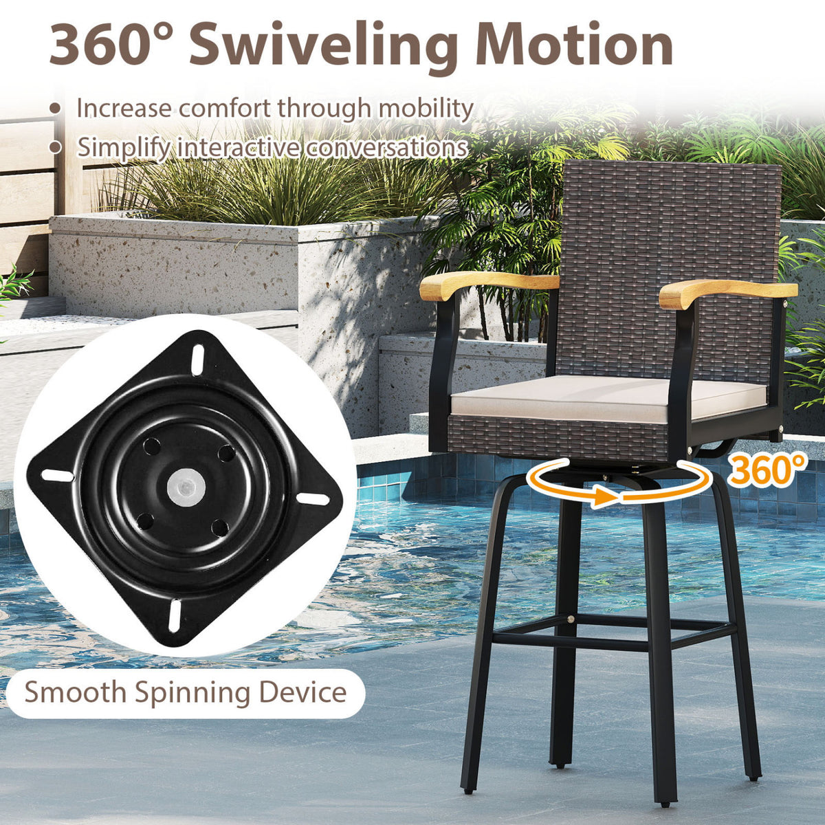 Outdoor 360Â° Swivel Bar Stool with Cushion and Acacia Wood Armrests-F