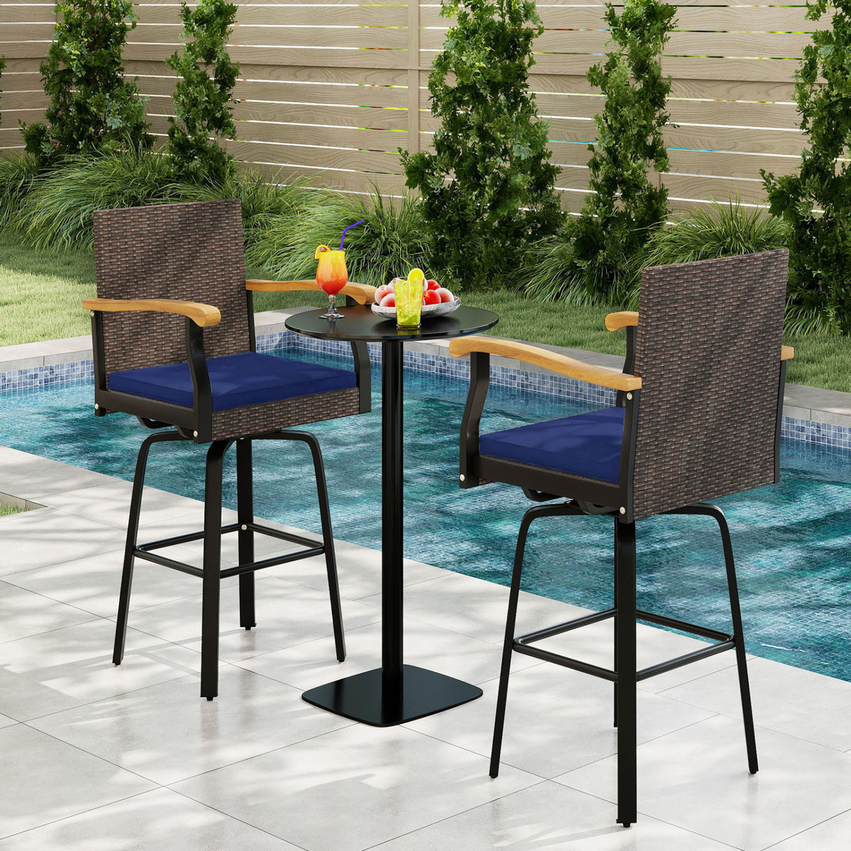 Outdoor 360Â° Swivel Bar Stool with Cushion and Acacia Wood Armrests-F