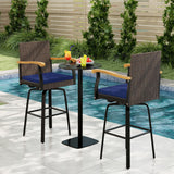 Outdoor 360Â° Swivel Bar Stool with Cushion and Acacia Wood Armrests-F