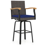 Outdoor 360Â° Swivel Bar Stool with Cushion and Acacia Wood Armrests-F
