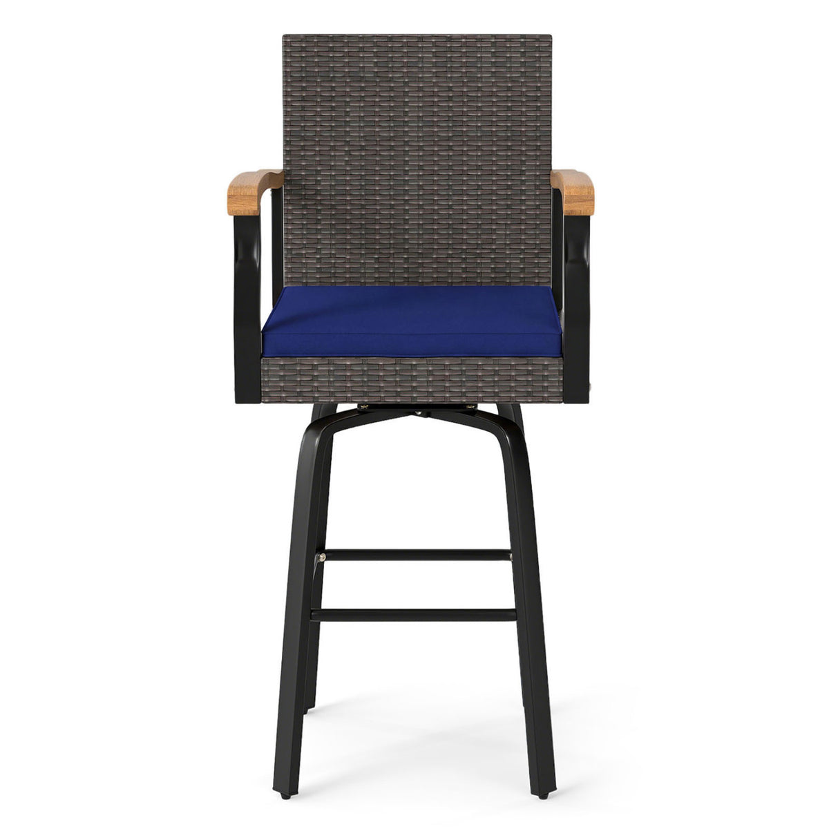 Outdoor 360Â° Swivel Bar Stool with Cushion and Acacia Wood Armrests-F